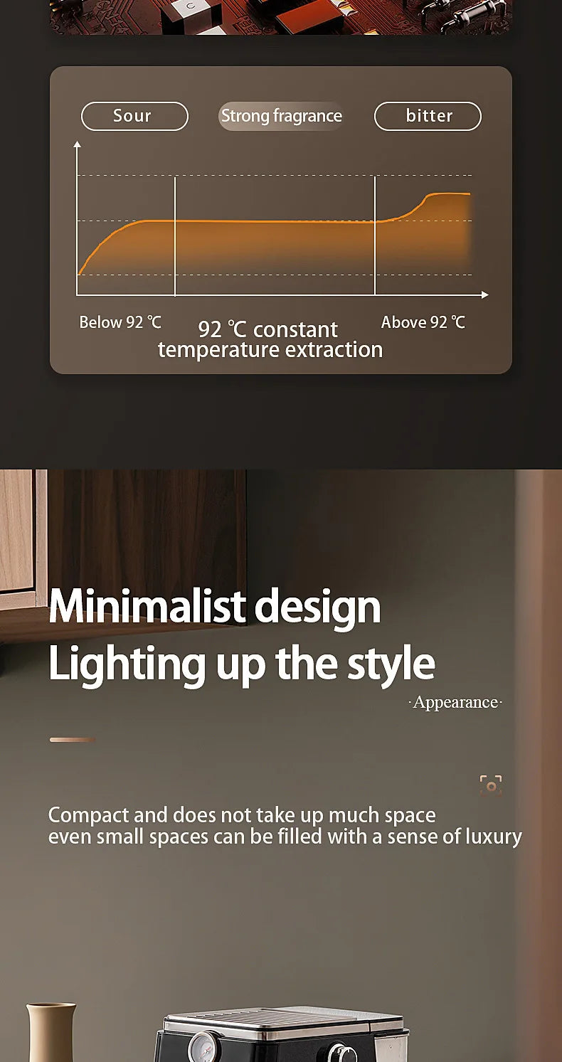 Compact coffee maker graphic showing 92°C constant temperature extraction graph for balanced flavor profile.