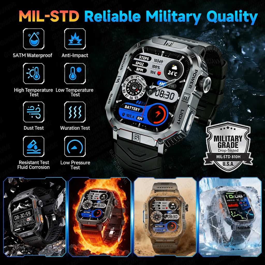 2026New Outdoor Military Men's Smartwatch, Equipped With GPS LED Lighting, Compass, Wireless Communication IP68 Waterproof Watch
