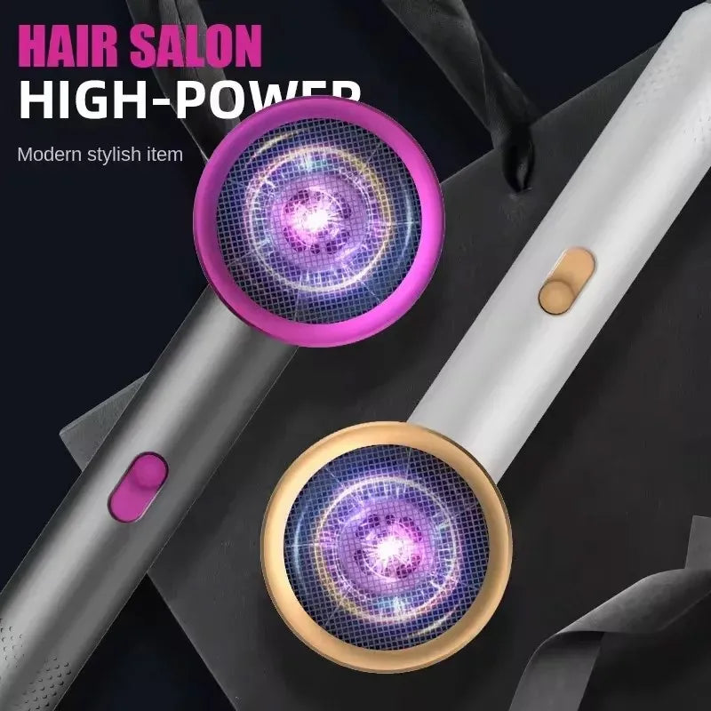 Professional high-speed hair dryer with negative ion technology, modern metallic finish, and easy-to-use power switch.