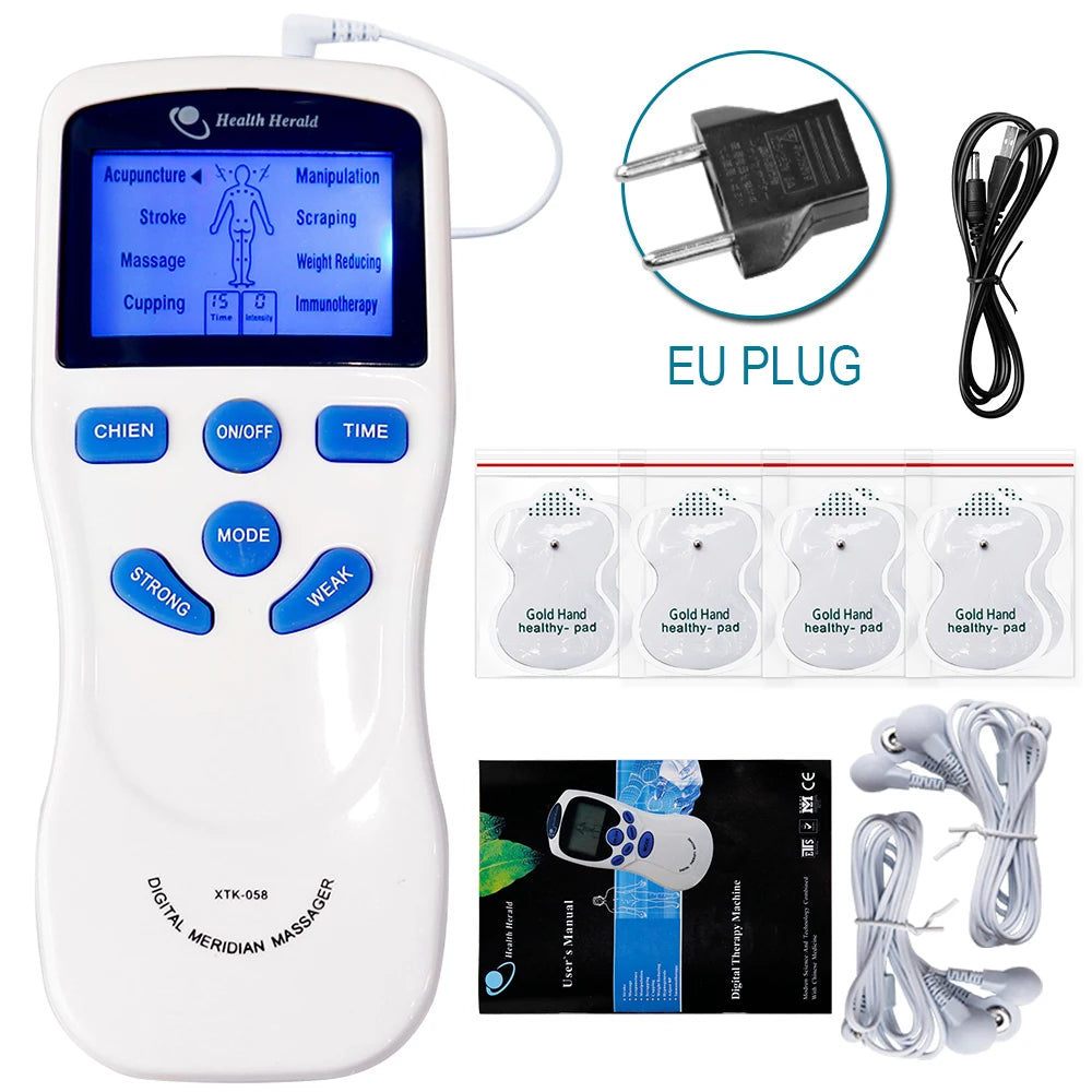 Dual channel TENS EMS pulse massager with digital display, 8 modes, electrode pads, cables, and EU power adapter.