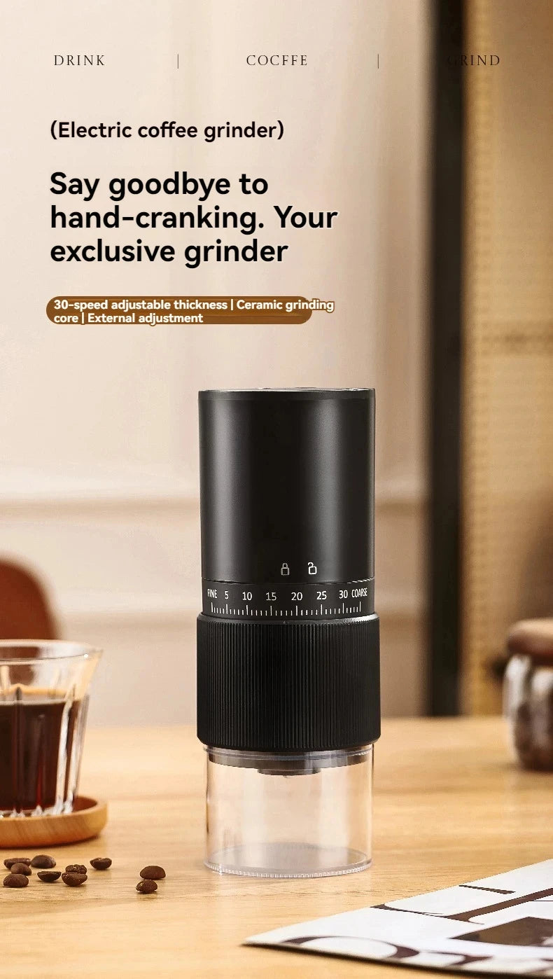 Black electric coffee grinder with 30-speed ceramic burr adjustment and clear grounds container on a wooden table.