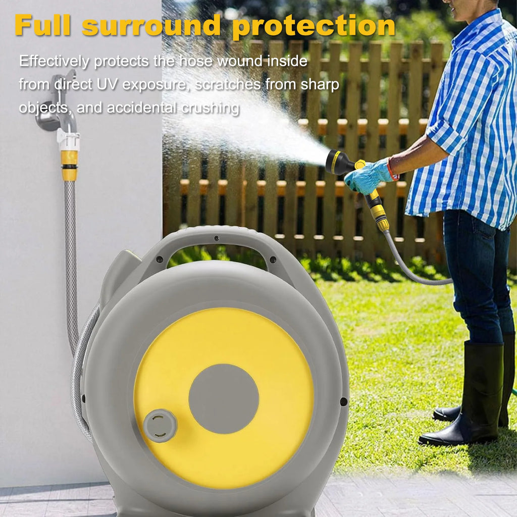 15M Auto Retractable Garden Hose Reel Full Surround Protective Water Pipe Cart Quick Connect Sprayer Gun 10 Spray Modes Yard Irrigation Car Washing Hose Set