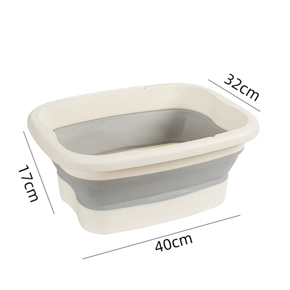 Portable foldable foot bath tub in beige and grey, featuring durable silicone sides for travel and home use.