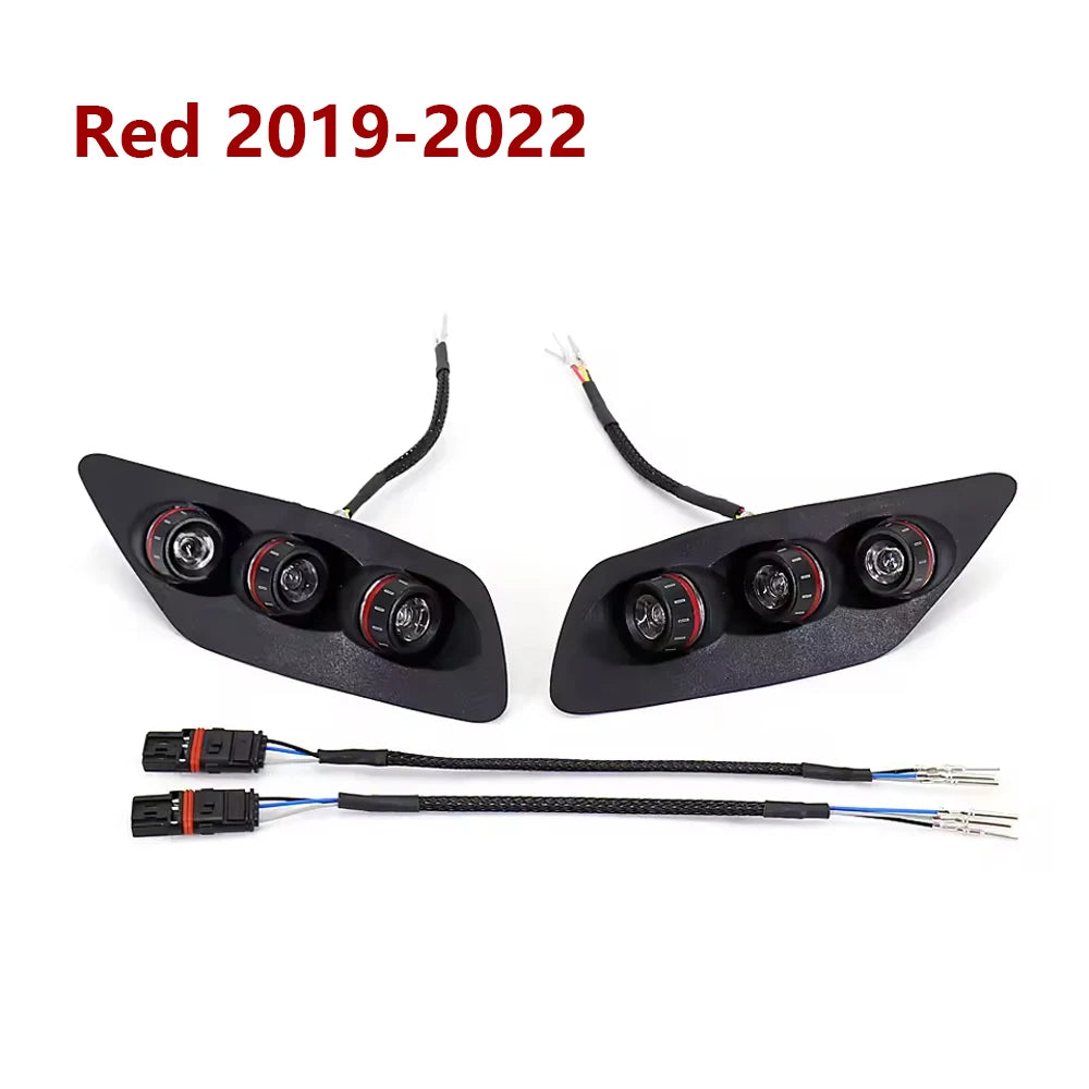 LED integrated tail light and turn signal pair, black housings with red accent rings, wiring harness