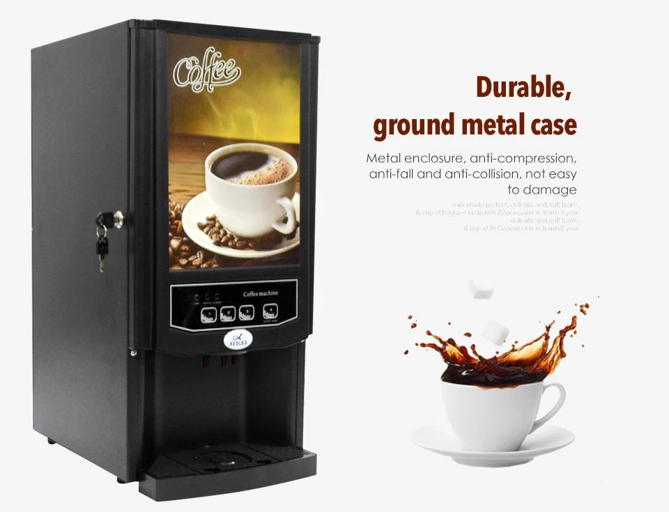 Xeoleo commercial black metal coffee machine with graphic display and push-button dispensing interface.
