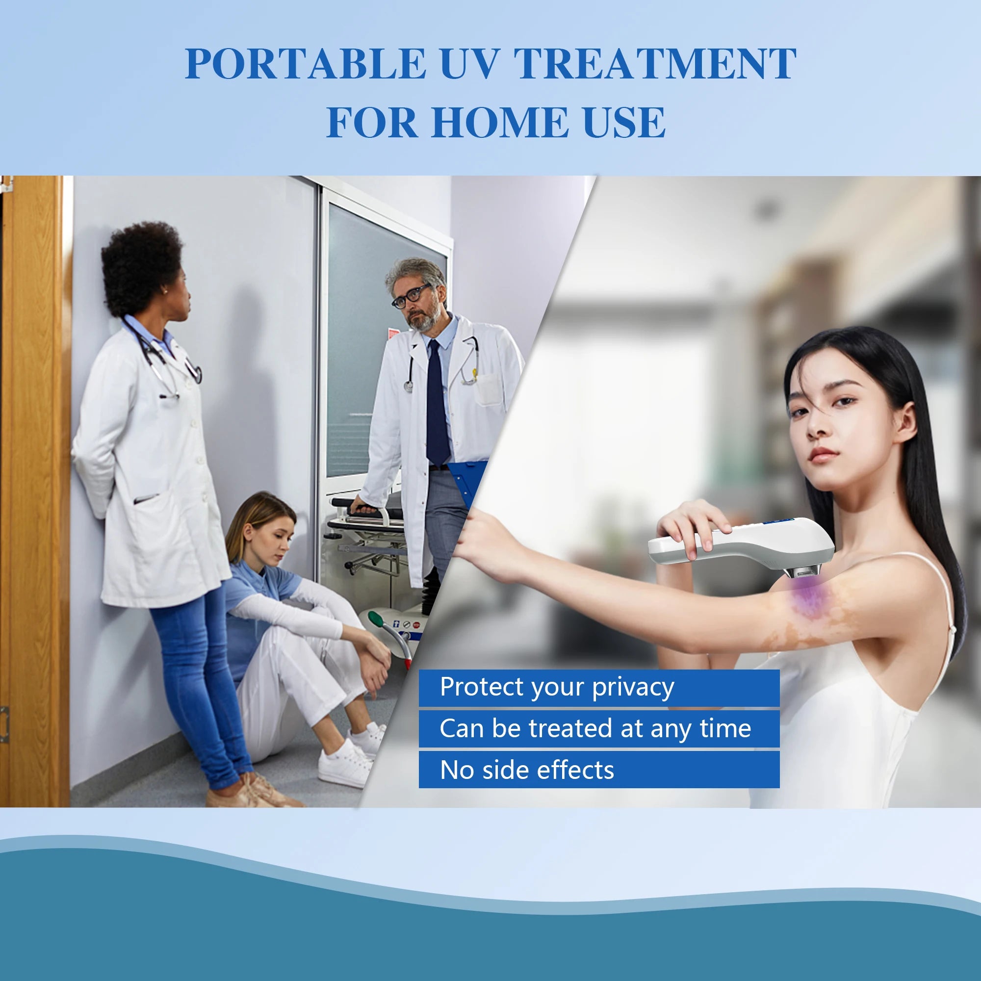 White, handheld UV light therapy device for home skin treatment, shown emitting a purple light on a woman's arm.