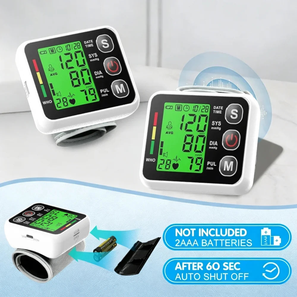Wrist Digital Blood Pressure Monitor Heart Rate Pulse Meter Measure Sphygmomanometer LCD Screen Portable Health Care Tonometer
