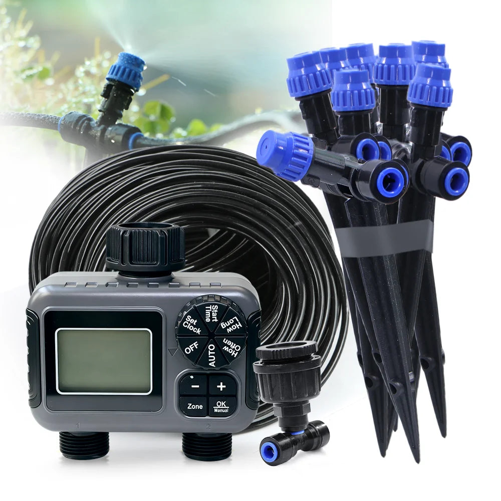 Gardening Independent Dual Zone LCD Display Watering Timer Irrigation Kit Garden Foldable Adjustable Ground Plug Atomized Spray