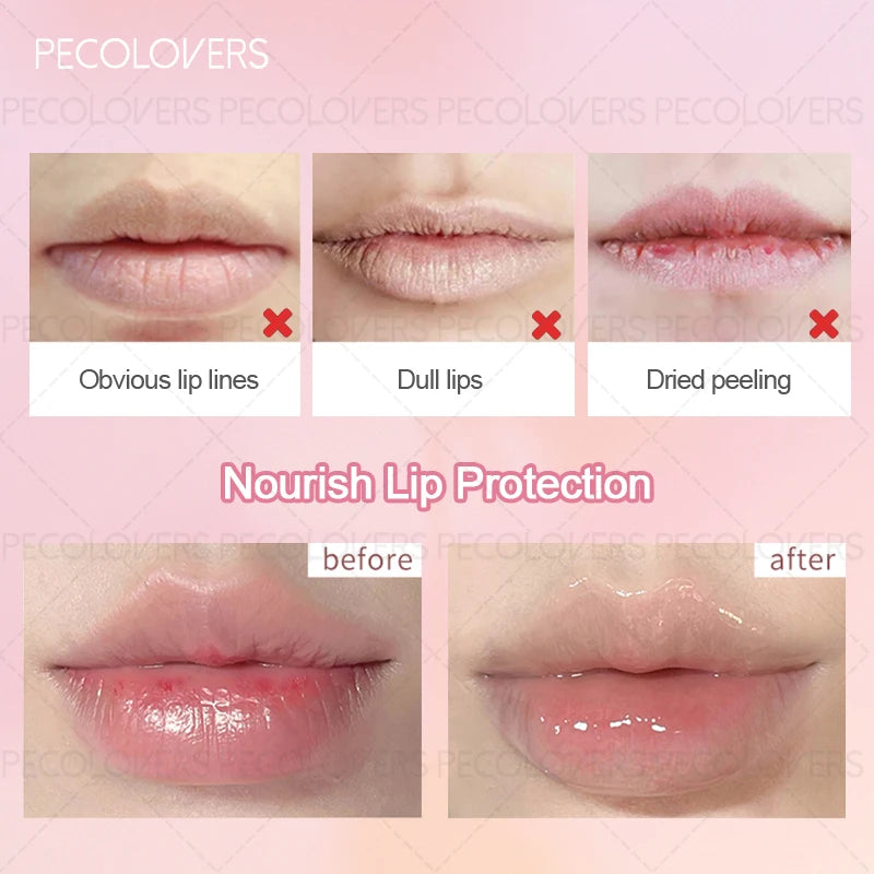 Moisturizing lip oil before and after results: transforming dry, lined lips into a glossy, plump, hydrated finish.