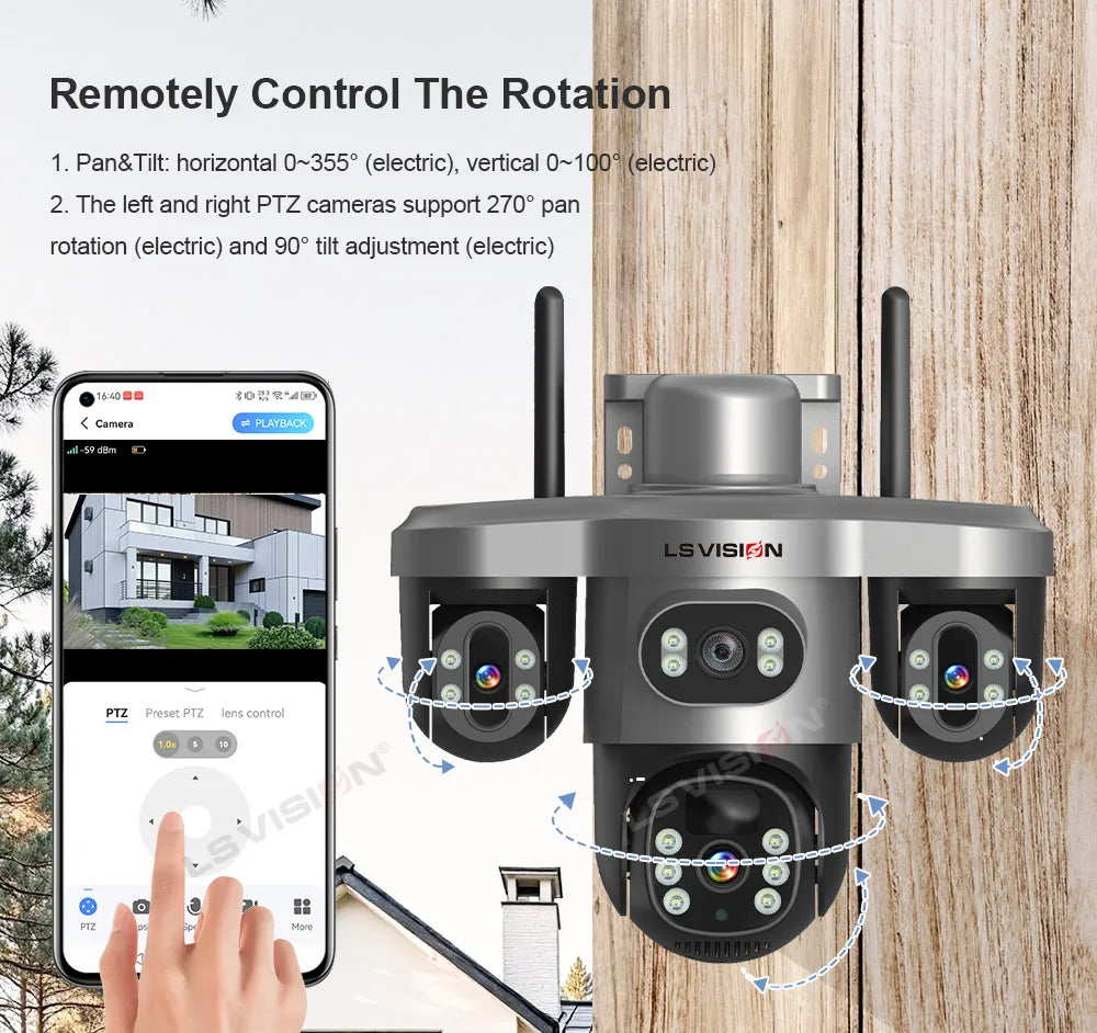 LS VISION 15MP 4G Wifi Solar Camera 3-Screen 10X Zoom PTZ 360°Rotatable PIR Human Detect CCTV Security Video IP Camara V380 Pro