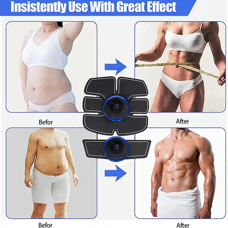 EMS wireless muscle trainer with black pads and blue digital control units, shown with before and after fitness results.