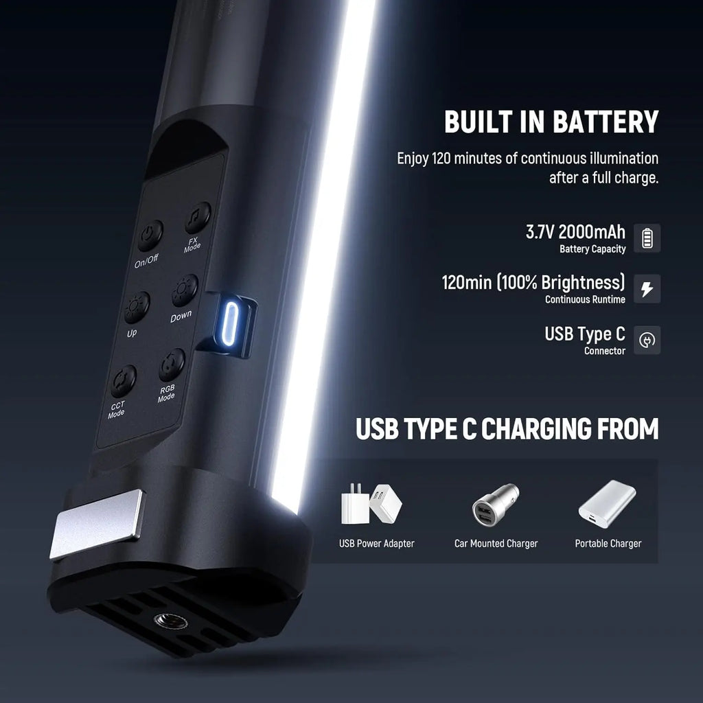 Black handheld LED light wand with buttons, side illumination panel, and USB-C rechargeable battery for photography.