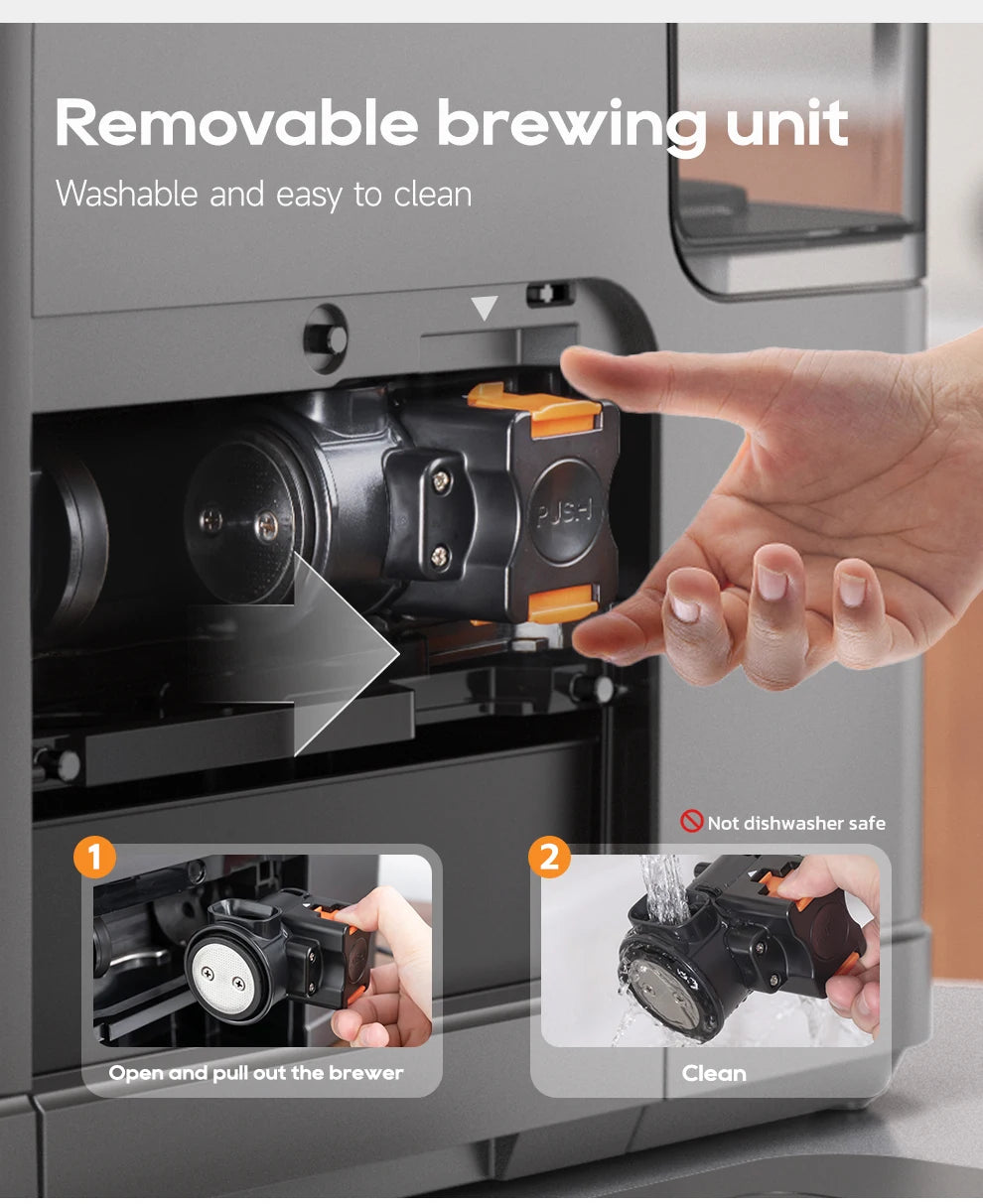 Gray automatic espresso machine featuring a removable, hand-washable black brewing unit with orange accents.