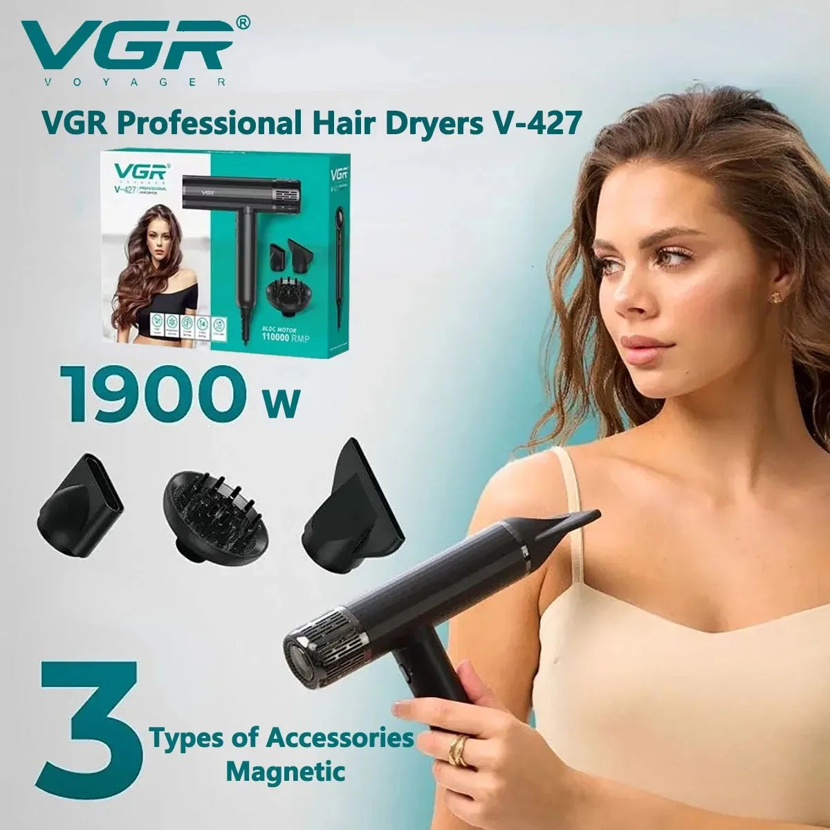 VGR V-427 black professional ionic hair dryer with 1900W brushless motor and 3 magnetic styling attachments.