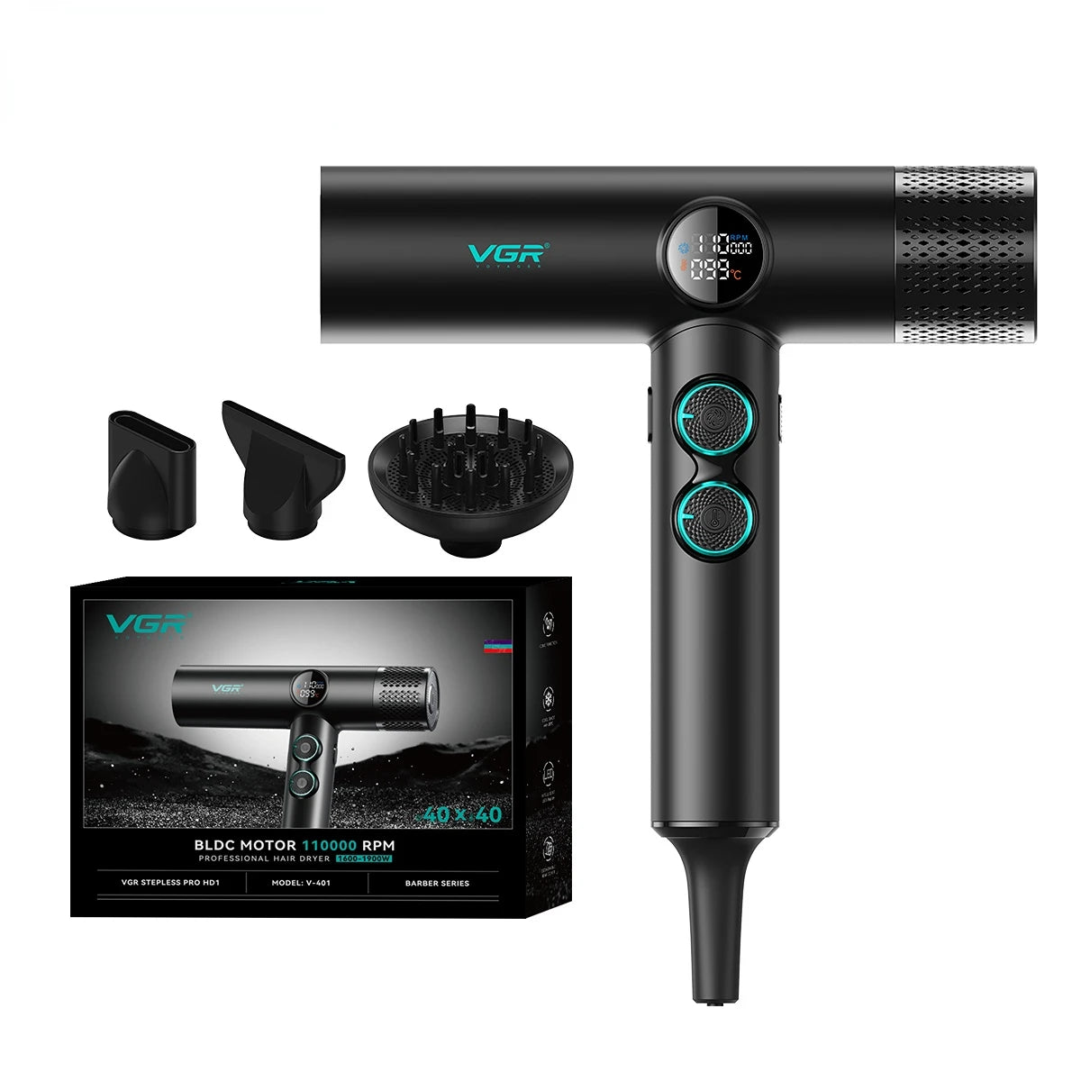 VGR V-401 black professional hair dryer with digital display, brushless motor, 3 attachments, and retail box packaging.