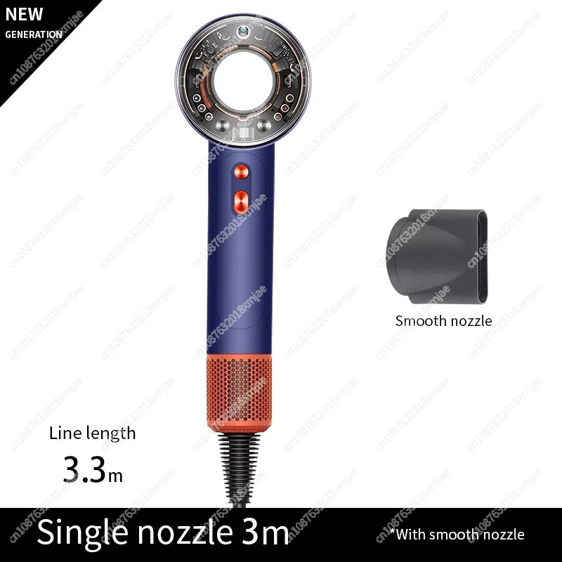 Blue and orange leafless ionic hair dryer with smooth styling nozzle and long 3.3m cord for professional hair care.