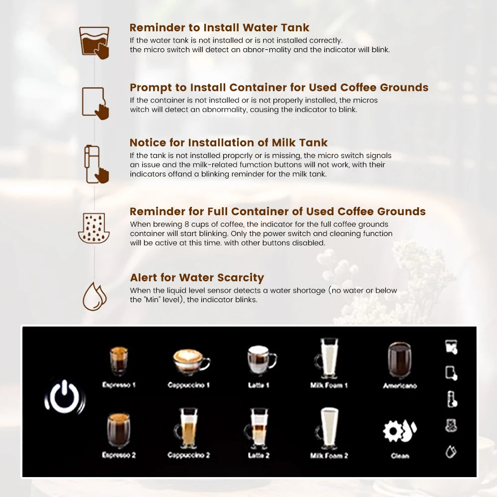 Coffee machine control panel diagram showing drink icons, cleaning mode, and sensor warning indicator explanations.