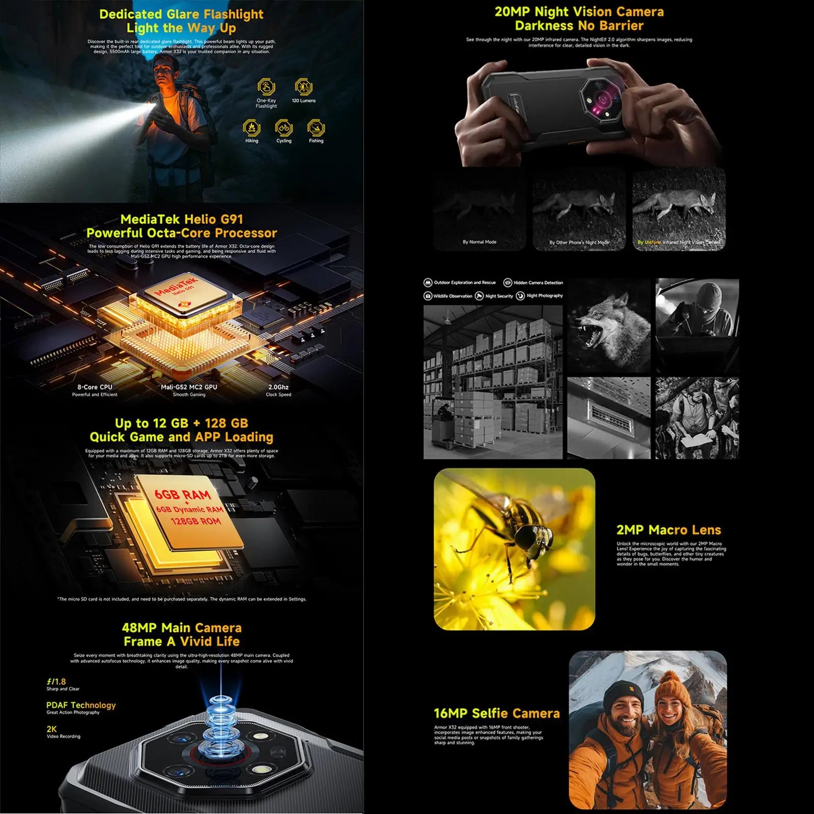 Ulefone Armor X32 Rugged Phone 6GB+128GB Night Vision 5.65 inch Global Version Android 14 MediaTek Helio G91 4G NFC Smartphone