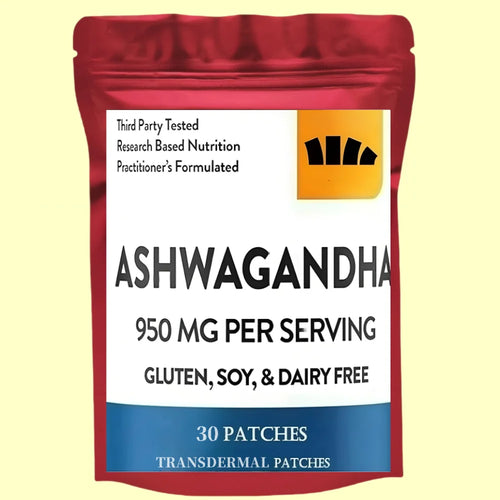 Red pouch of 30 Ashwagandha transdermal patches (950mg) for adaptogen stress relief and natural wellness.