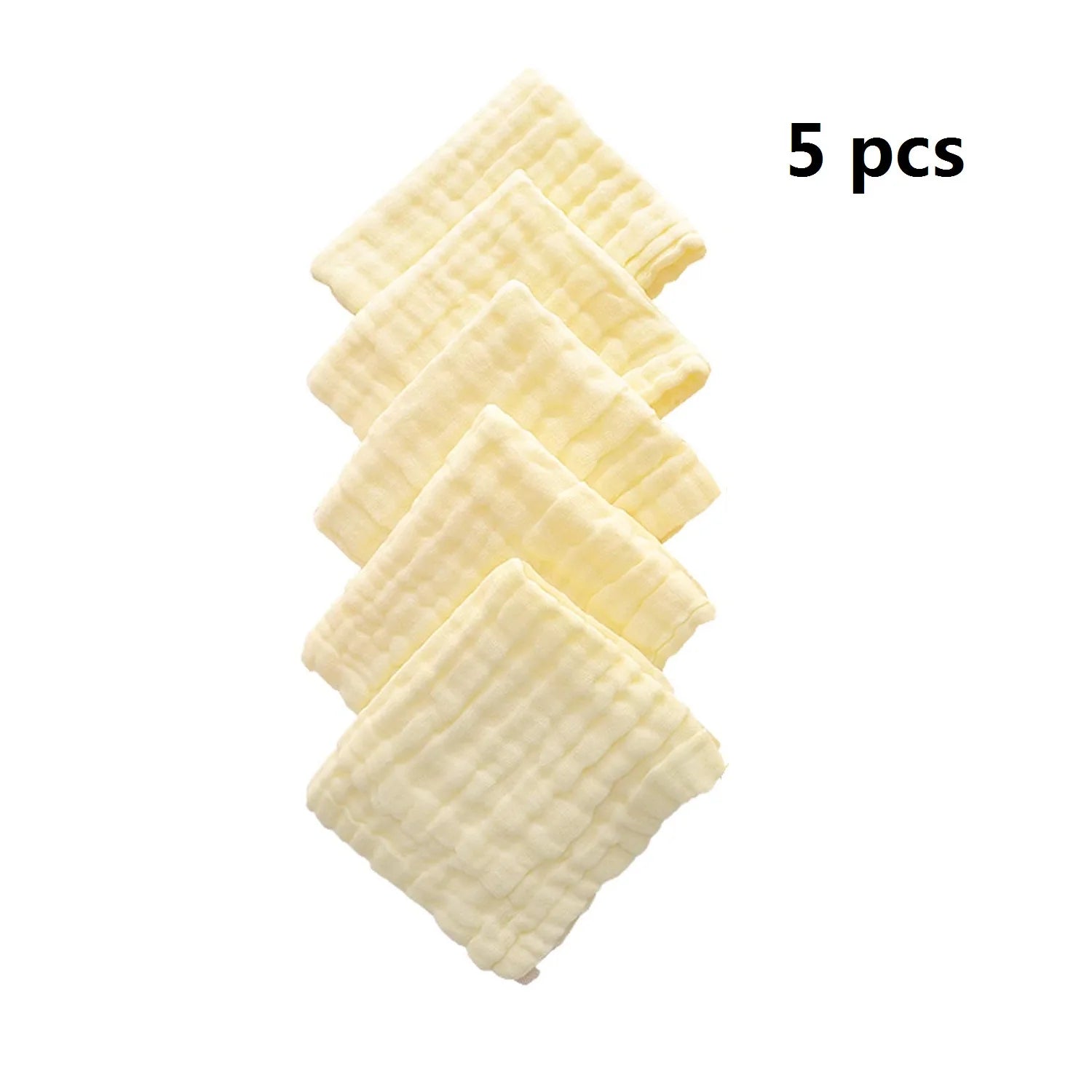 Set of 5 soft yellow muslin baby washcloths for gentle baby care.