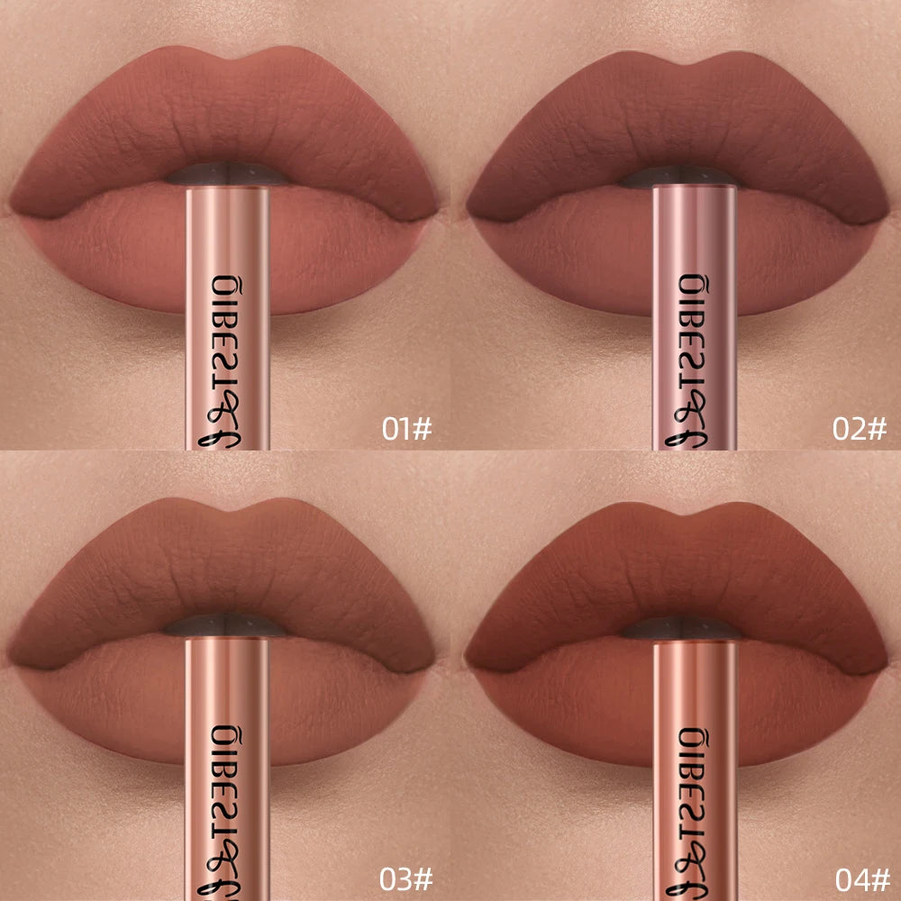 QIBEST velvet matte liquid lipstick swatches in four long-lasting nude and red shades for smooth, non-stick lip makeup.