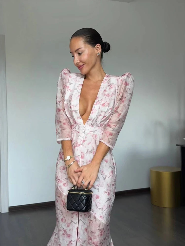 Fashion Sexy Organza Floral Printed Maxi Dress V-neck Puff Sleeve 2026 New Summer Romantic Women Party Gown Elegant Lady Vestido