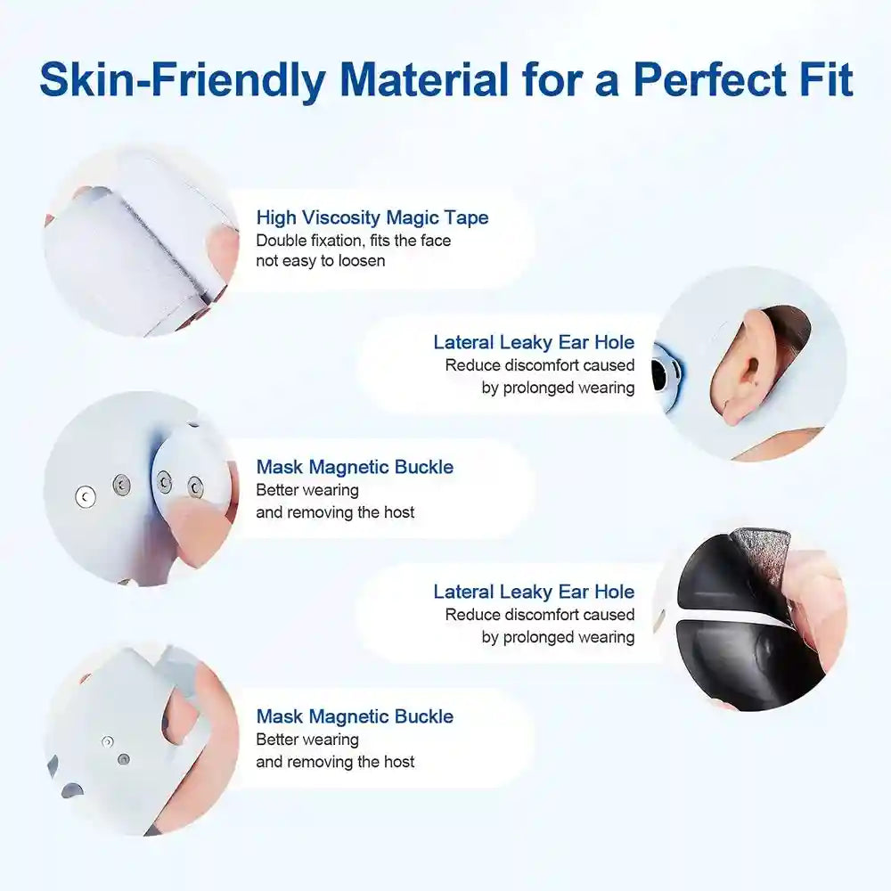 Close-up of a light blue facial slimming strap showing magnetic buckles, ear holes, and velcro fasteners.