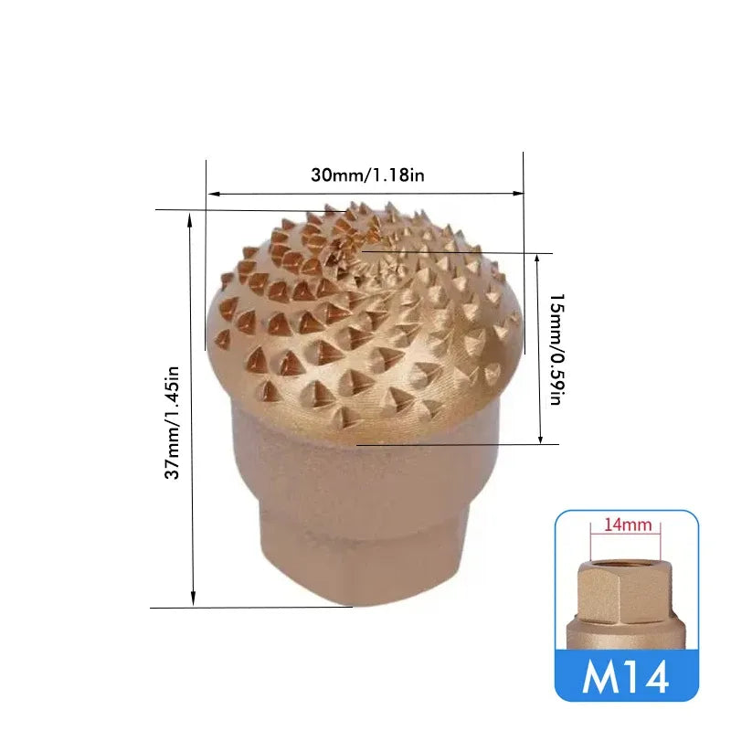 Arc-shaped grinding head, small tan diamond-tooth dome with brown mounting shank