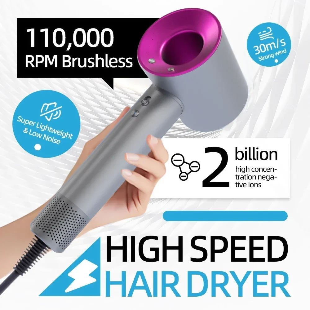 Grey and magenta professional leafless hair dryer with 110,000 RPM motor and ionic technology for fast, quiet drying.