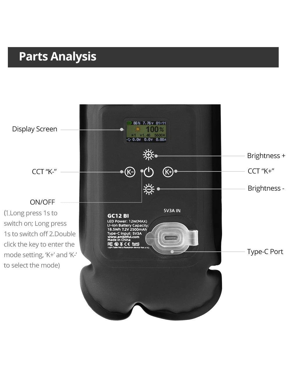 GC12 BI LED light control panel showing a digital display, buttons for brightness and temperature, and a Type-C port.