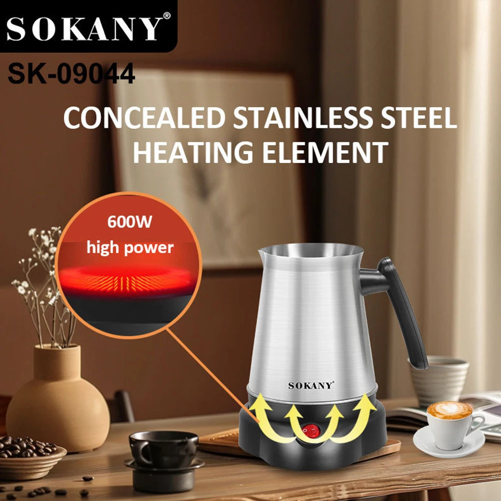 Sokany SK-09044 600W stainless steel electric coffee and tea maker with concealed heating element and black base.