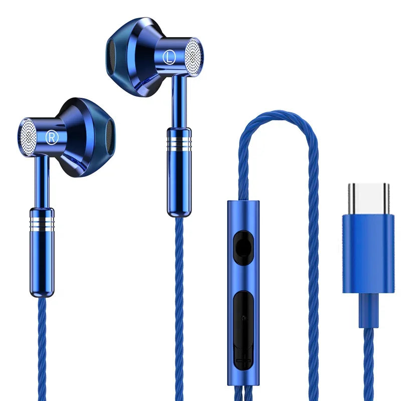 Wired Earbuds HiFi Stereo Bass with Mic Tidesmit 3.5mm or Type C Blue Type C Tidesmit