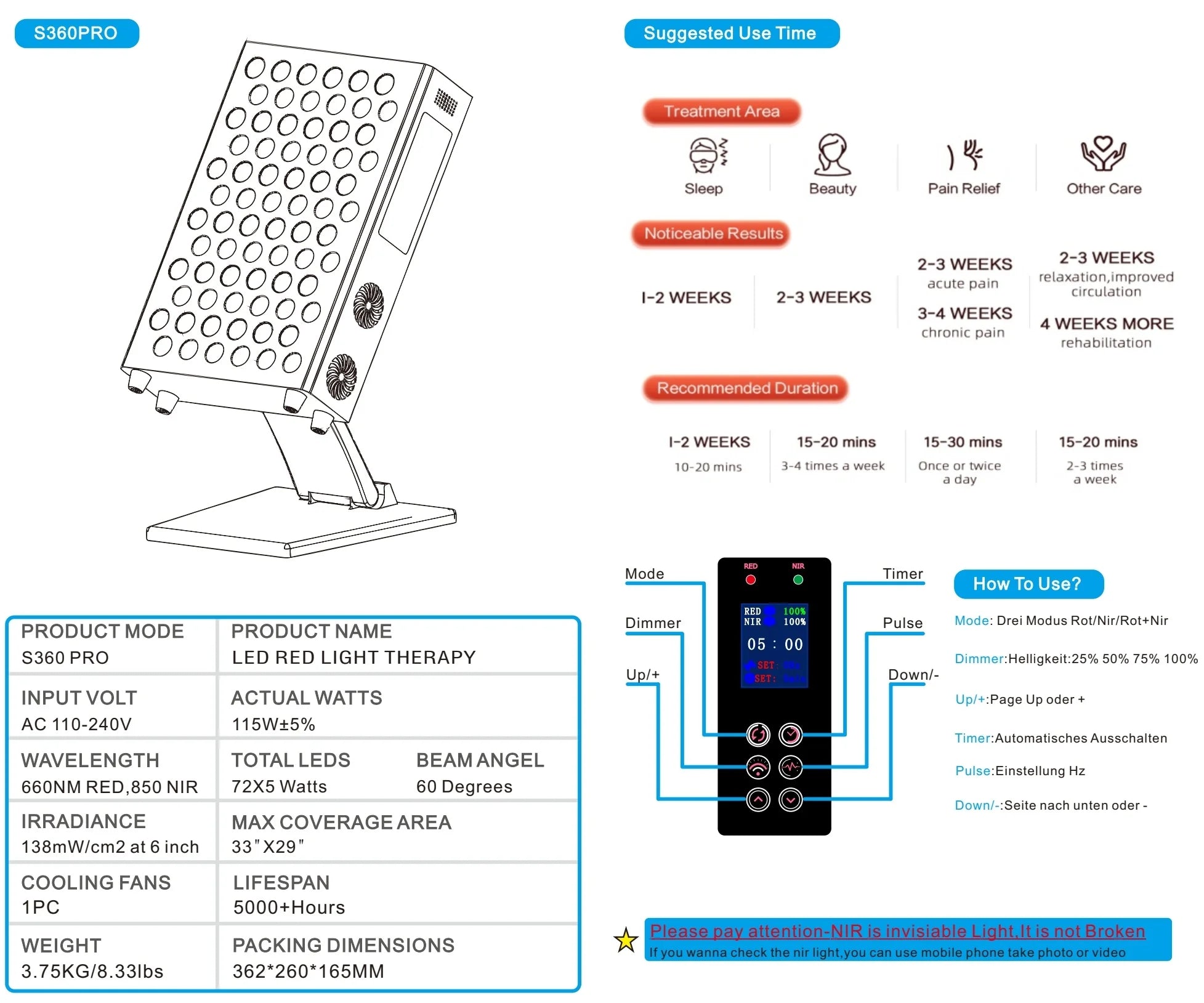 S360 Pro LED red light therapy panel with stand, 660nm and 850nm infrared for skin beauty, anti-aging, and pain relief.