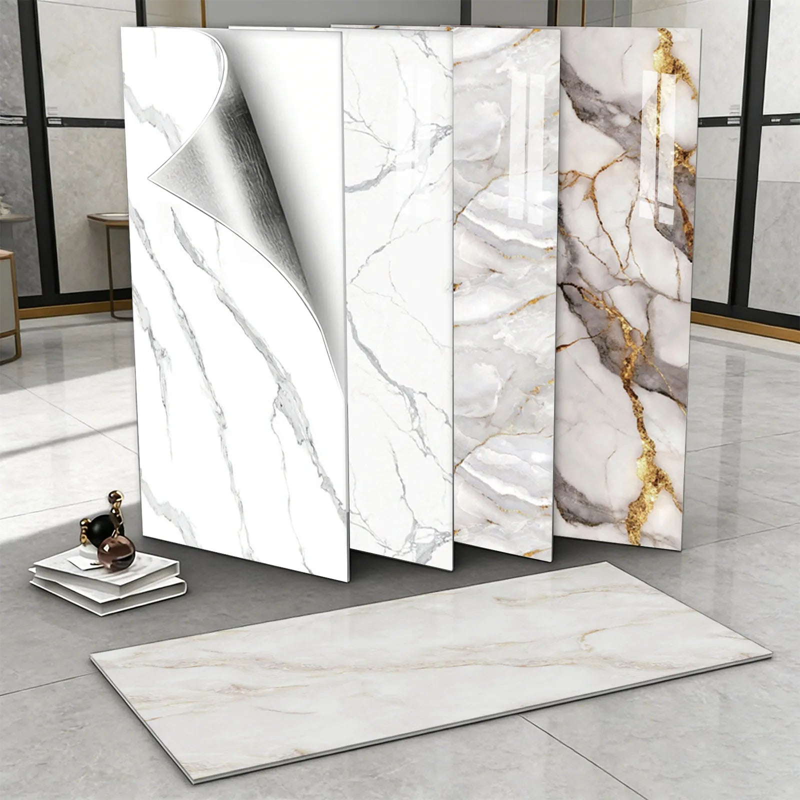 30cmx60cm Self-adhesive Marble Tiles Sticker Waterproof PVC Floor Wall Stickers, 20Pcs Covers 3.6㎡ 40Pcs Covers 7.2㎡ Removable Tile Decals for Bathroom Bedroom Living Room Home Decor
