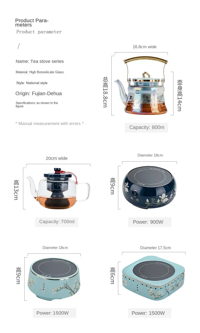 Chinese style borosilicate glass tea stove set with 800ml teapot, electric ceramic heating plates, and floral designs.