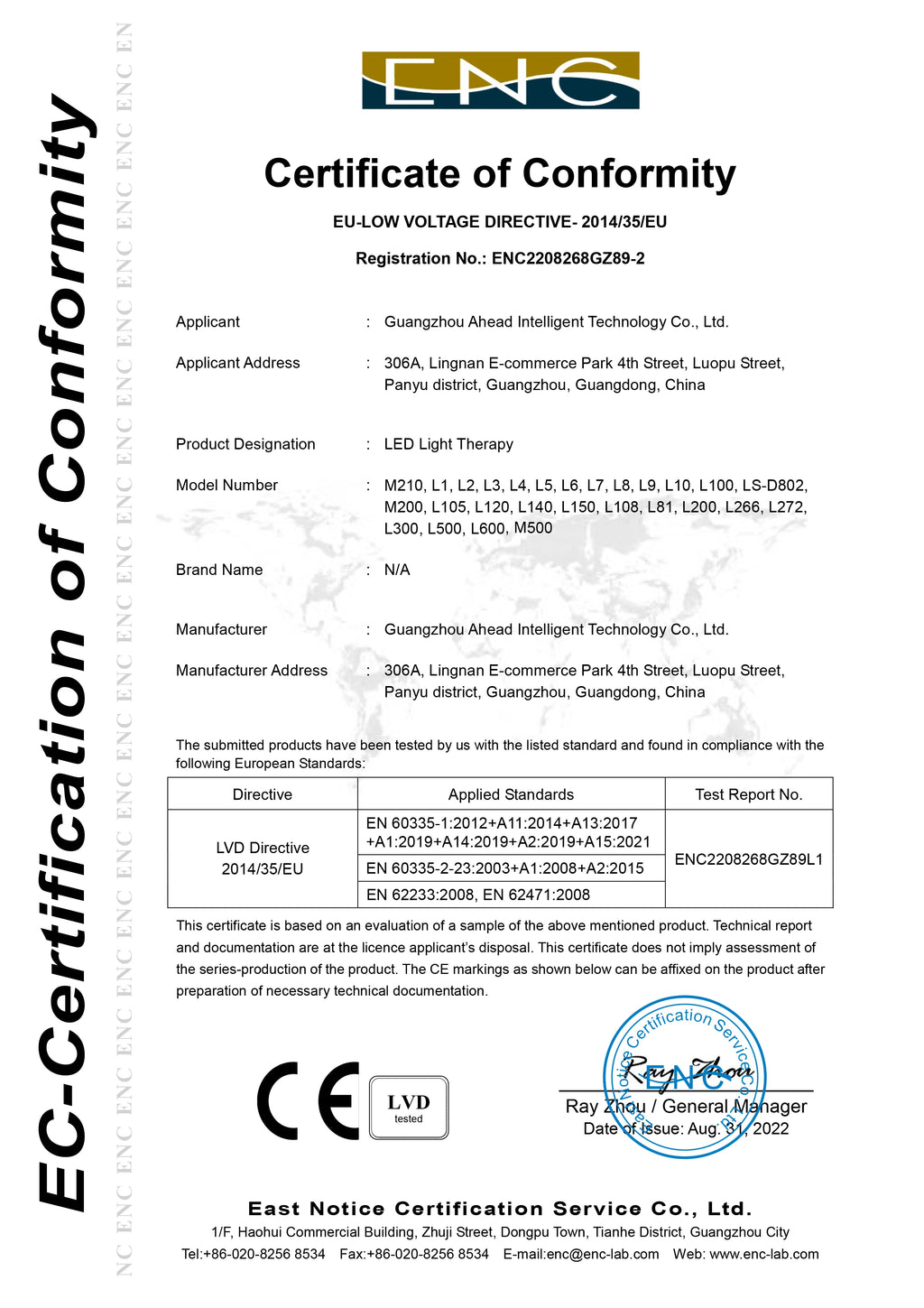 An official ENC Certificate of Conformity for LED light therapy devices, dated August 31, 2022.