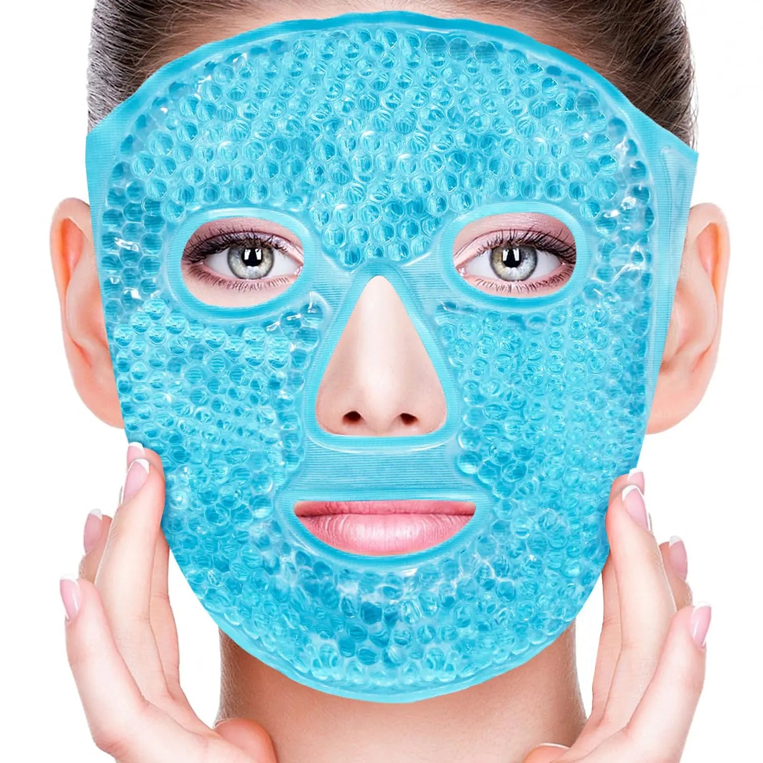 A person wears a blue, gel-bead face mask designed for cold or hot compress therapy.