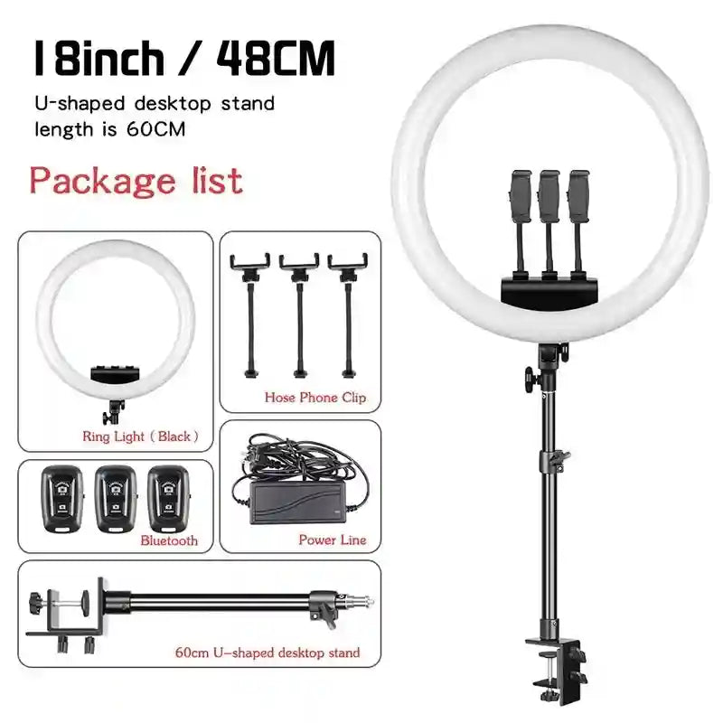 18-inch LED ring light with a 60cm black desktop clamp stand, three phone holders, power cable, and remote.