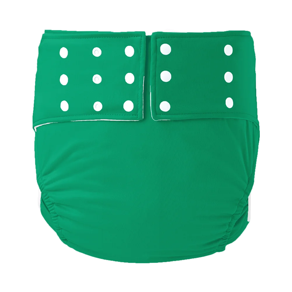 Green adjustable cloth baby diaper with snap closures for a reusable, eco-friendly baby care solution.