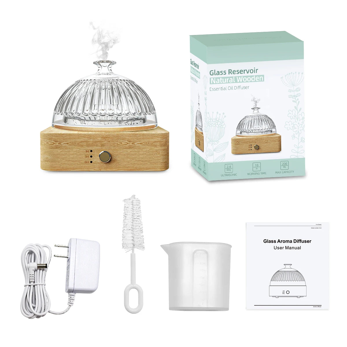 Glass Essential Oil Diffuser Wood Base Glass 200ml Ultrasonic Aroma Diffusers With Timer Waterless Auto Off For Home Office
