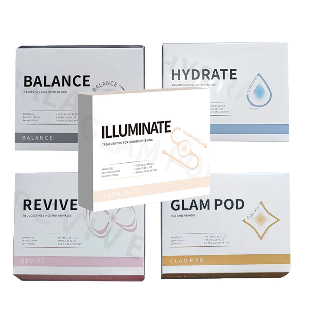 Five white product boxes labeled Balance, Hydrate, Illuminate, Revive, and Glam Pod for facial skin treatment kits.