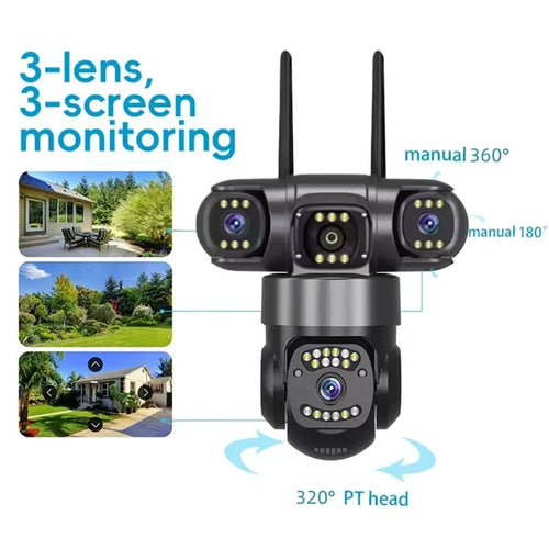 Outdoor PTZ WiFi security camera, black three-lens design with two antennas and PTZ base