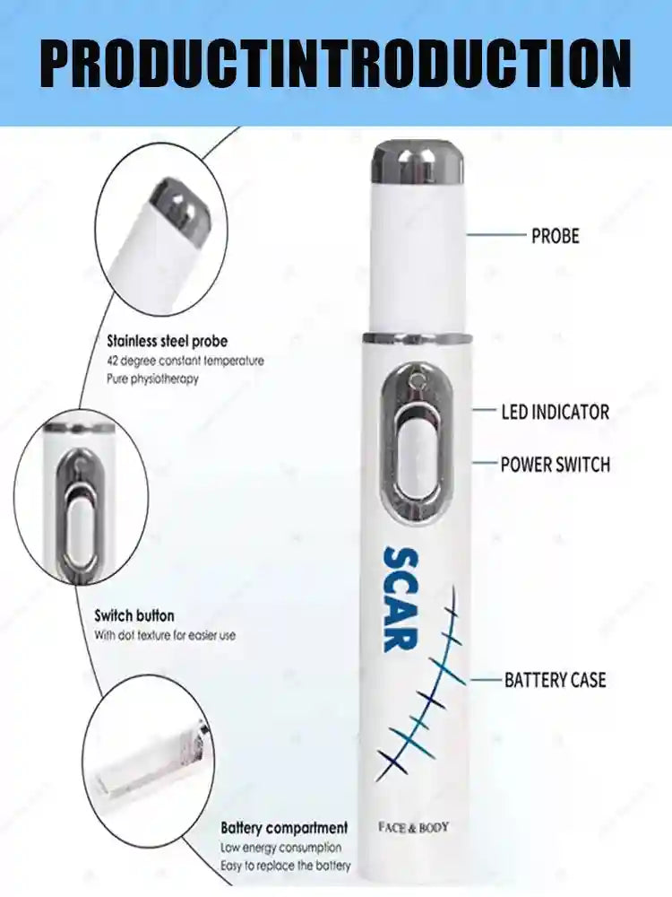 White, cylindrical handheld scar removal device with a stainless steel probe, power switch, and labeled features.