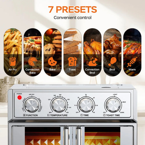 Air fryer toaster oven control panel with four knobs and 7 preset function icons