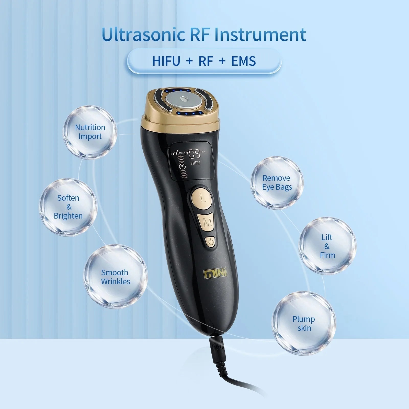 Black and gold handheld ultrasonic RF facial massager with buttons and LED display for skin lifting and rejuvenation.