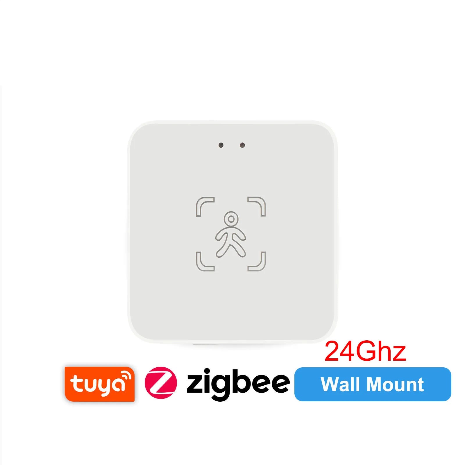 White square Tidesmit 24G human presence sensor with a minimalist human icon, Tuya and Zigbee logos, and wall mount text.