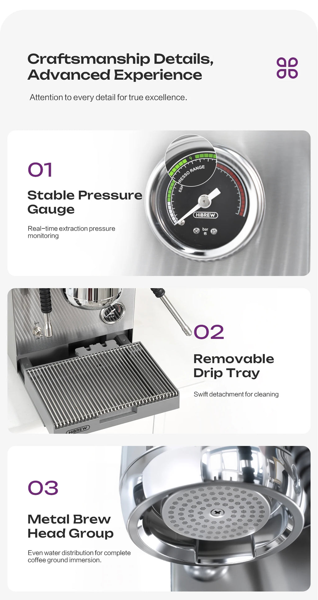 HiBREW stainless steel espresso machine showing pressure gauge, removable drip tray, and metal brew head group details.