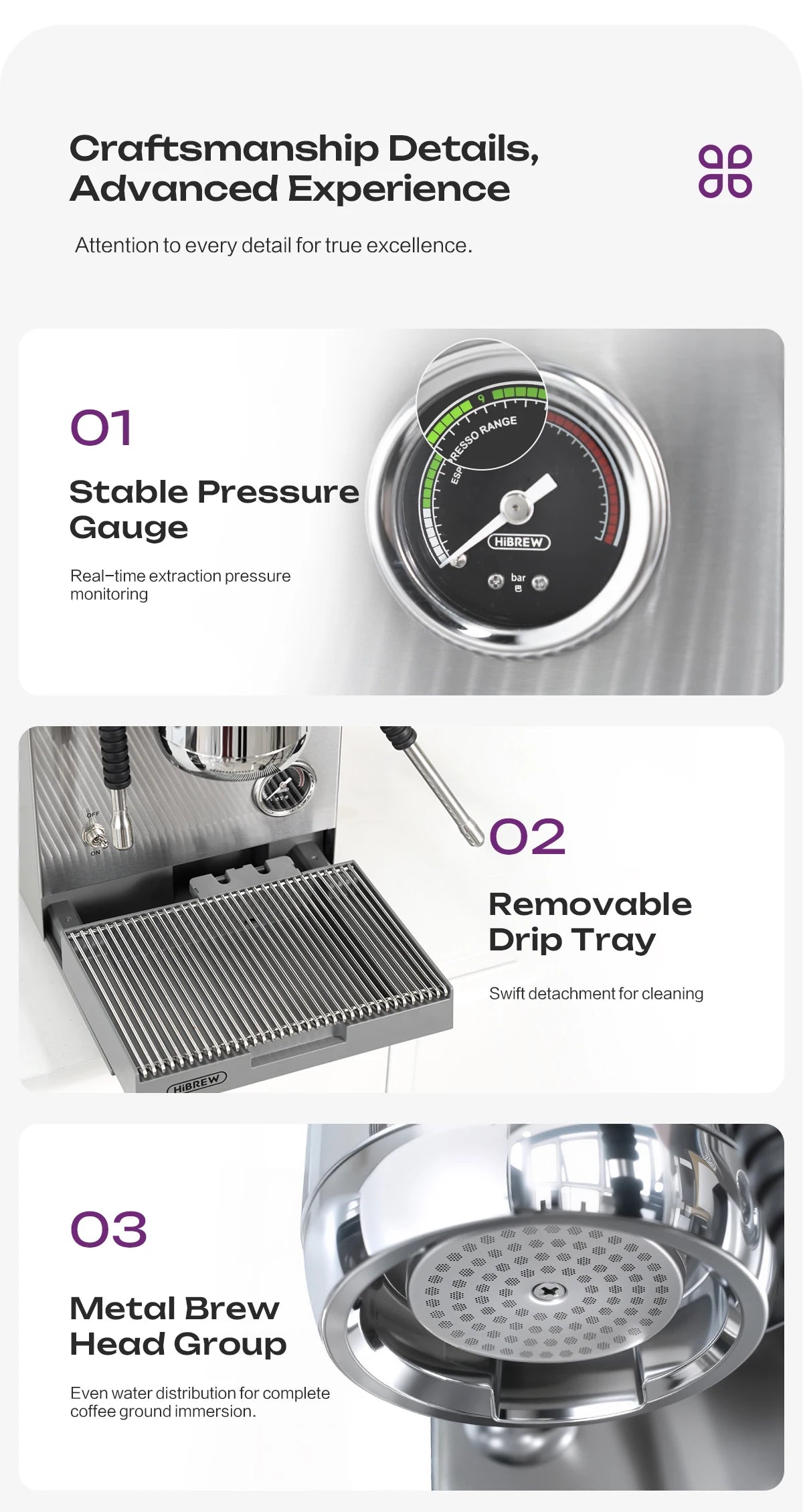 HiBREW stainless steel espresso machine showing pressure gauge, removable drip tray, and metal brew head group details.