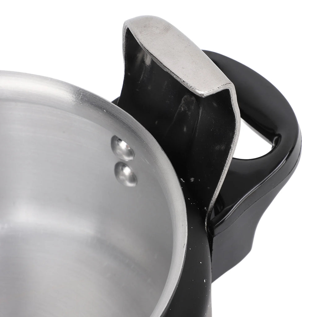 Black pressure cooker side handle with aluminum rim edge and lid latch area