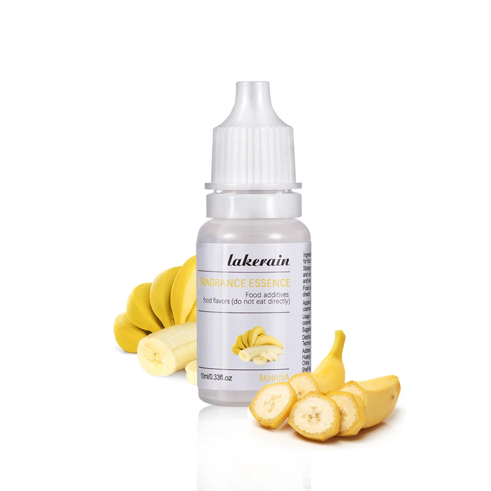 10ml Lakerain banana fragrance oil for DIY lip gloss and soap making, clear bottle with yellow banana fruit garnish.